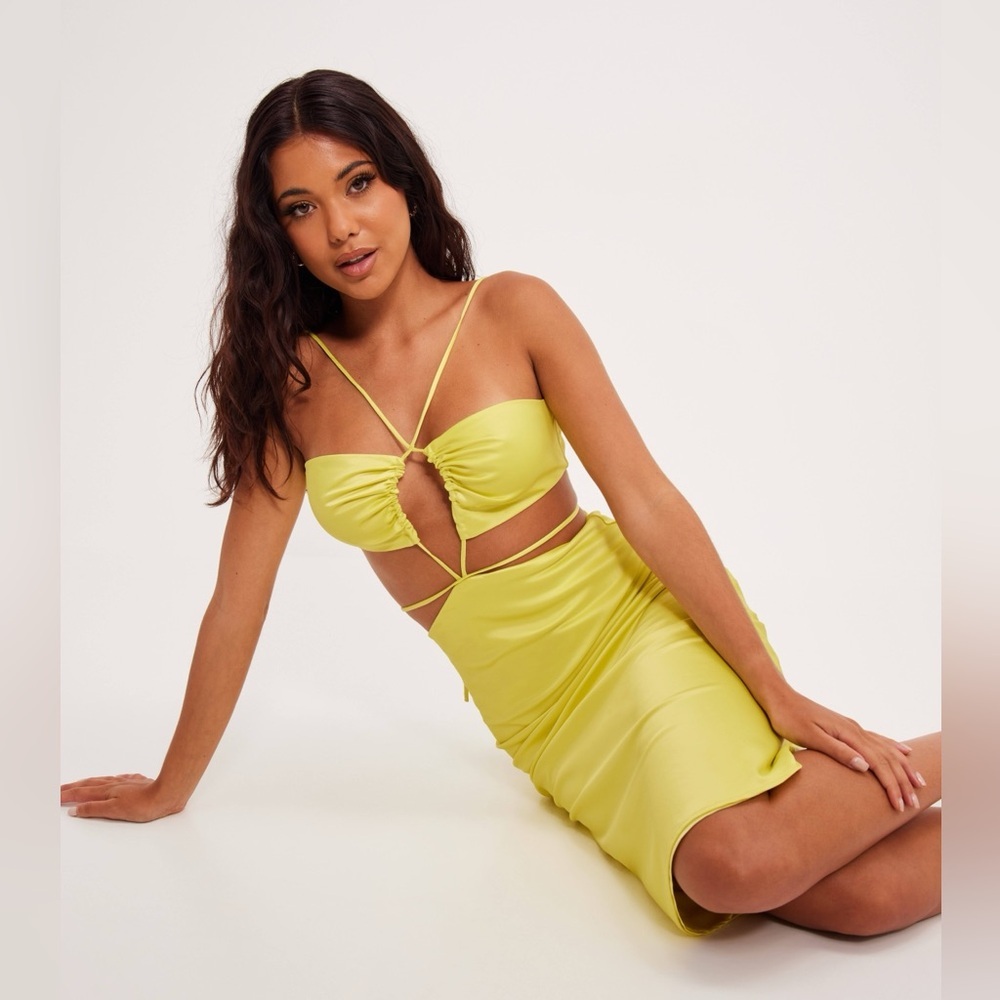Bardot Yellow Lemon Mina Cutout Halter Neck Satin Slip-dress Size US 10 Medium
